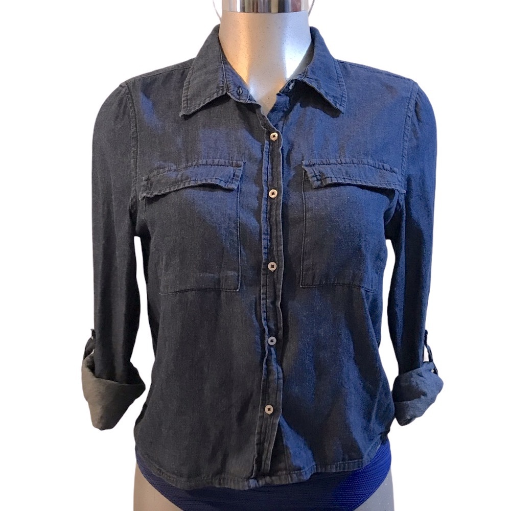 Highway Jeans Chambray Shirt Blue 100% Cotton Button Down Outdoor Pockets Medium